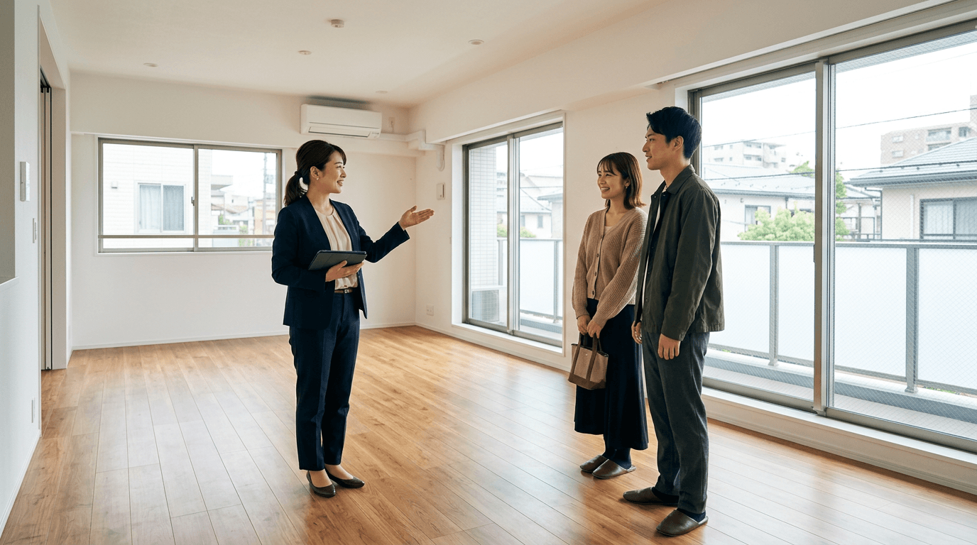 物件内見の様子。不動産の担当者がタブレットを手にクライアントへ室内を案内している