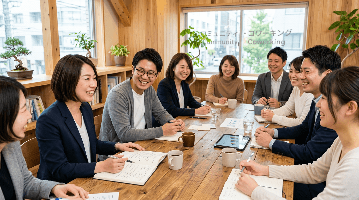 日本人のビジネスパーソンによる温かみのある共創・コミュニティ活動の風景