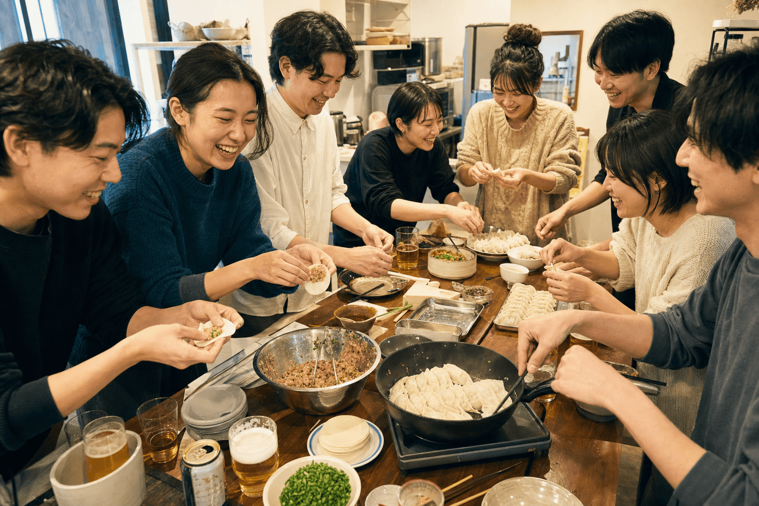 広い画角で餃子作りを囲む参加者の様子